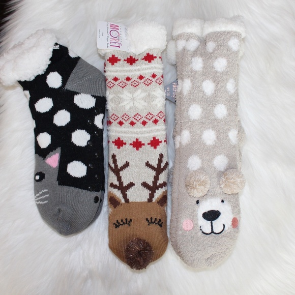 3 pair of cozy Warm slipper socks bear, cat and deer  NWT - Picture 1 of 4